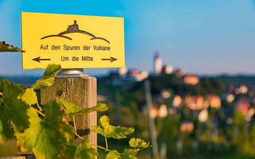 Ein gelbes Schild mit einer Burgillustration und deutschem Text zeigt nach links und rechts und ist an einem Holzpfosten in einem Weinberg befestigt, mit einer Stadt im Hintergrund.
