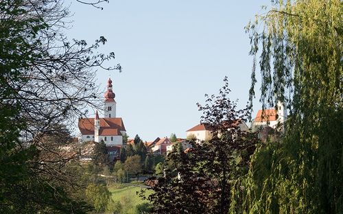 Ein malerisches Dorf mit einer Kirche und roten Dächern, umgeben von üppigem Grün unter einem klaren blauen Himmel.