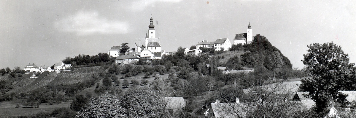 Ein Schwarz-Weiß-Foto zeigt ein Dorf auf einem Hügel mit mehreren Gebäuden, darunter eine Kirche mit einem Turm, umgeben von Bäumen und Grün.