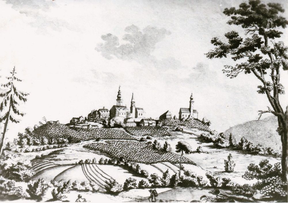 Eine historische Zeichnung zeigt eine Stadt auf einem Hügel, umgeben von Weinbergen und Ackerland. Die Stadt besteht aus mehreren Gebäuden, darunter eine prominente Kirche mit einem Turm. Im Vordergrund geht eine Person auf einem Pfad entlang.
