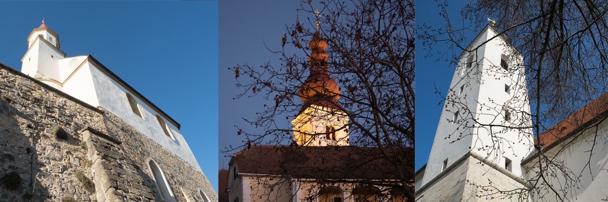 Eine Collage aus drei Bildern, die verschiedene architektonische Elemente einer Kirche zeigen: eine Steinmauer, eine goldene Kuppel und einen weißen Turm.