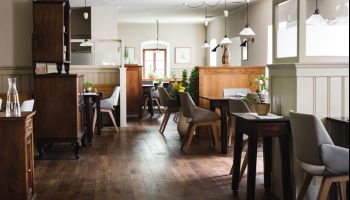 Ein Innenraum eines gemütlichen Restaurants mit Holzboden, Holzmöbeln und hängenden Lampen. Es gibt Tische und Stühle, und Topfpflanzen verleihen einen Hauch von Grün.