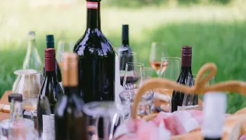 Ein Picknick-Setup mit verschiedenen Weinflaschen, Weingläsern und einem Korb auf einem Grasfeld. Die Flaschen sind in einer Reihe angeordnet, und einige sind geöffnet.
