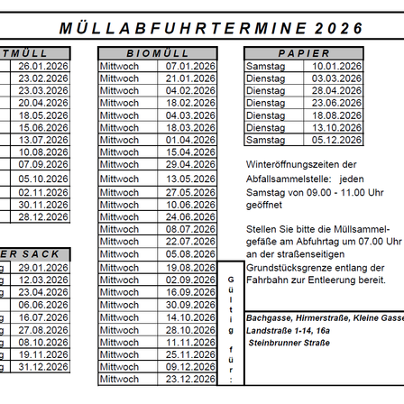 Das Bild zeigt einen Zeitplan für Abfallsammlungstermine im Jahr 2026, unterteilt in Abschnitte für Restmüll, Biomüll und Papier. Die Abholtage sind für jeden Monat von Januar bis Dezember aufgeführt. Samstage sind für die Papiersammlung vorgesehen. Mülltonnen sollten bis 7 Uhr morgens am Abfuhrtag an der Straße stehen.