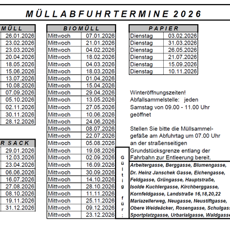 Eine Tabelle zeigt die Müllabfuhrtermine für das Jahr 2026, aufgeteilt in Bereiche für Restmüll, Biomüll und Papier, mit spezifischen Abfuhrtagen und Daten. Abfallentsorgungsstellen sind jeden Samstag geöffnet.