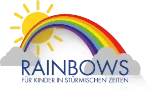 Ein lebendiges Logo mit einem Regenbogen und Sonne über dem Text 'RAINBOWS', begleitet von Wolken, vor schwarzem Hintergrund.