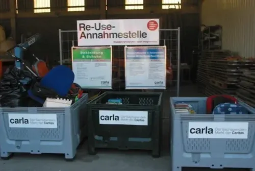 Ein Lagerhaus hat drei Behälter mit der Aufschrift Carla, in denen verschiedene Gegenstände sind. Über den Behältern befindet sich ein Schild mit dem Text Re-Use-Annahmestelle. Im Hintergrund befinden sich weitere Schilder und Materialien.