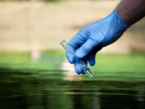 Eine behandschuhte Hand hält ein Reagenzglas mit tropfendem Wasser, möglicherweise für Wasserqualitätstests.