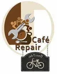 Das Logo für Cafe Repair zeigt eine Schraube und ein Fahrrad, mit einer Tasse Kaffee und einem Schild mit der Aufschrift 'oktue11'. Das Design kombiniert Elemente von Kaffee, Reparatur und Radfahren.