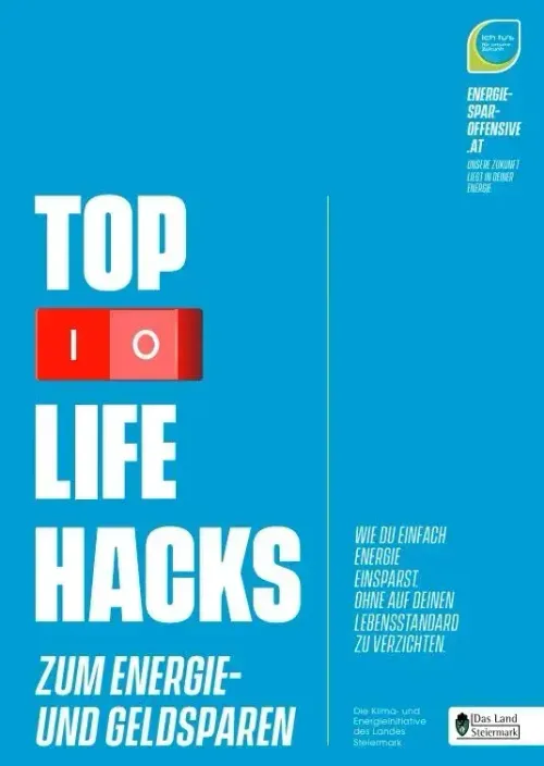 Der blaue Umschlag zeigt 'Top Life Hacks' in großen weißen Buchstaben, begleitet von einem roten und weißen Kippschalter. Der Text 'Zum Energie- und Geldsparen' steht darunter in Weiß. Der Hintergrund ist ein einheitliches Blau mit einer weißen Linie, die den Umschlag teilt.