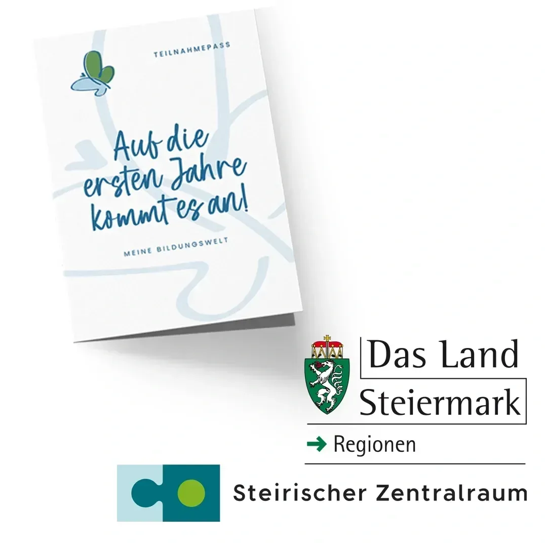 Ein Bild eines Buchdeckels mit einem Schmetterling und deutschem Text, zusammen mit einem Logo für das Land Steiermark und einem Puzzlestück-Symbol.