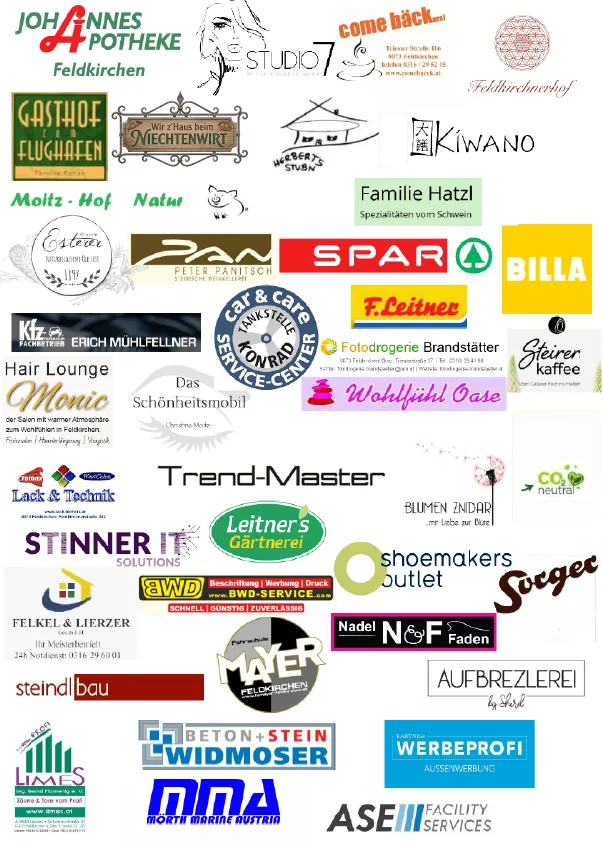 Ein Bild verschiedener Firmenlogos, einschließlich Feldkirchen, Gasthof zu Flughäfen, Moltz-Hof Natur und anderen. Die Logos sind in einer Collage angeordnet.