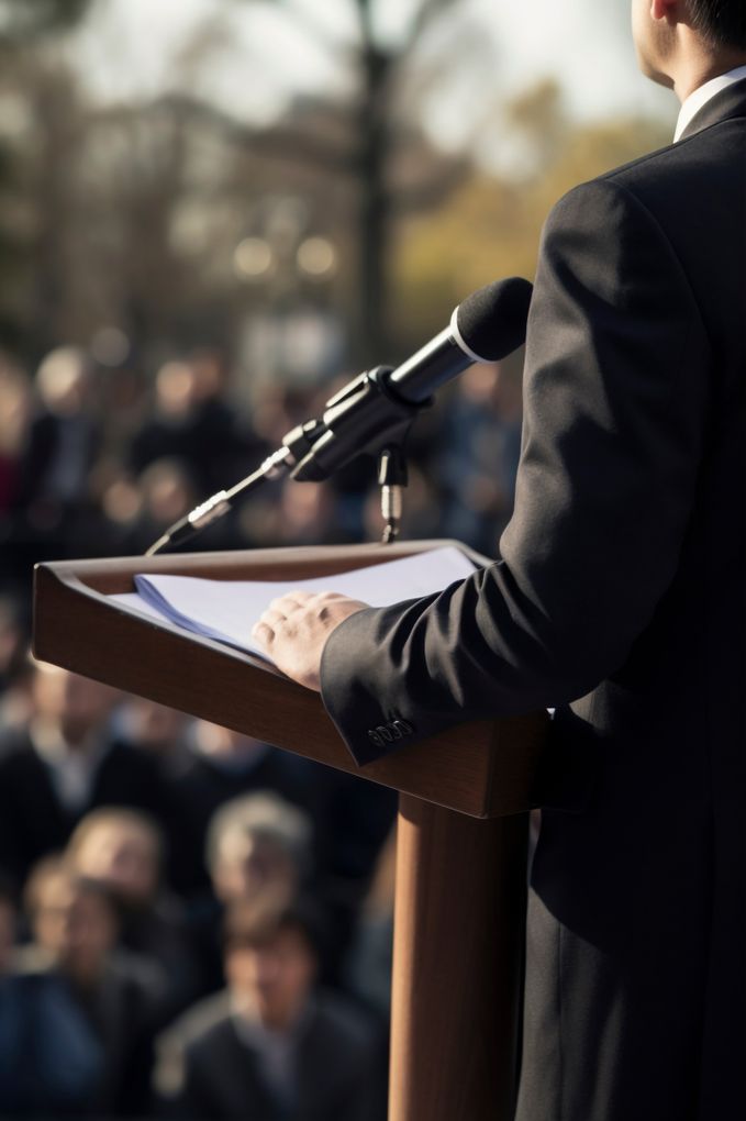  Abschnitt Bild: Eine Person spricht an einem Podium mit Mikrofon vor einer Menge.