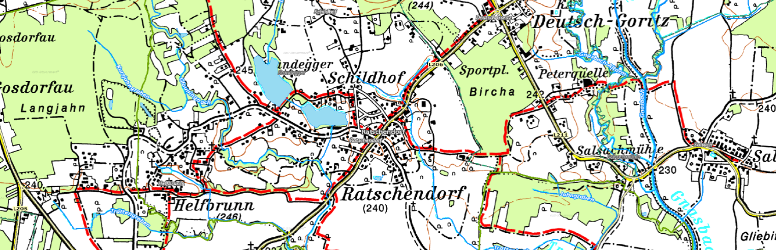 Die Karte zeigt das Gebiet von Schildhof mit einem See, Straßen und beschrifteten Orten wie Bircha, Peterq und Sportpl.