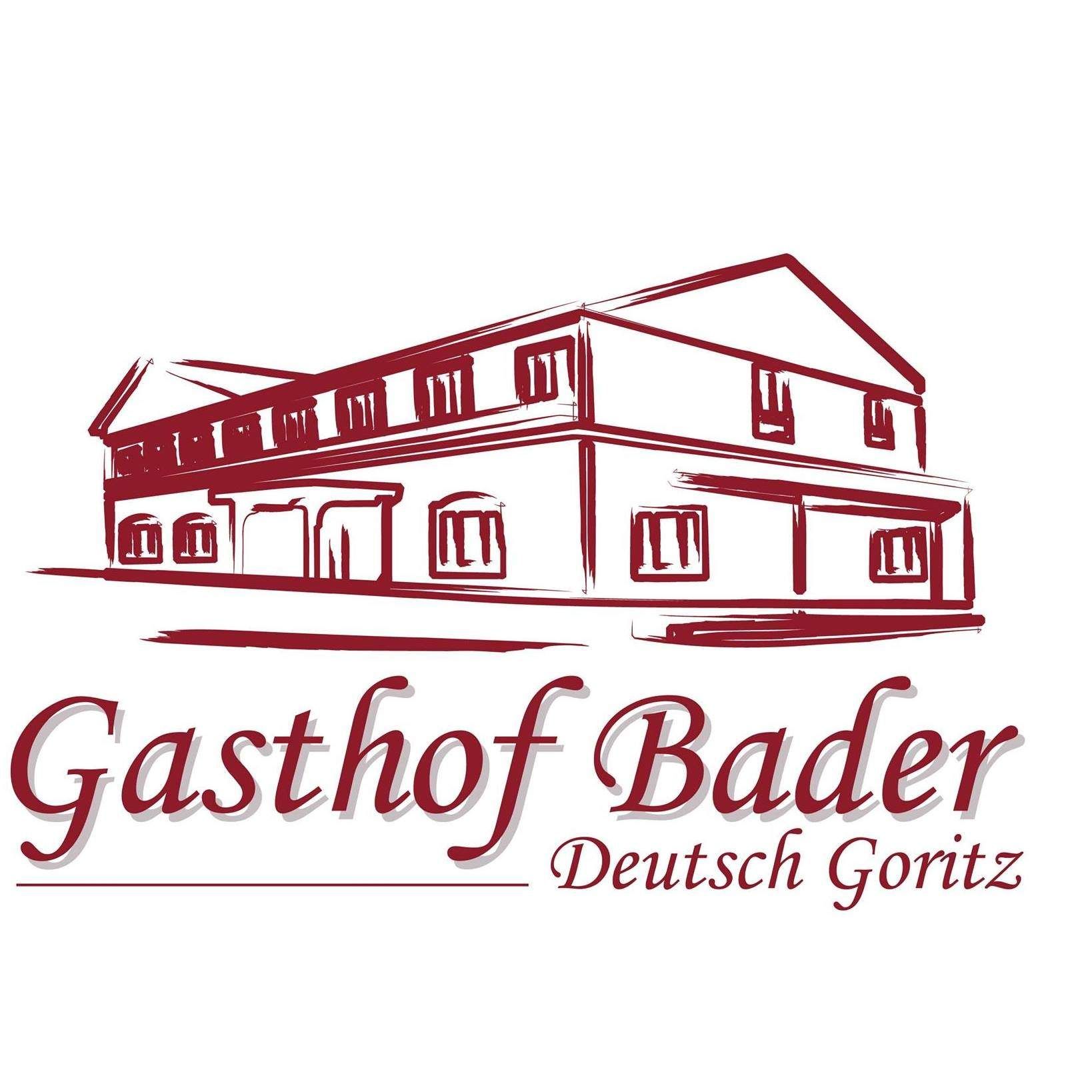 Das Logo für Gasthof Bader in Deutsch Goritz, mit einer einfachen architektonischen Zeichnung eines Hauses in Rot.