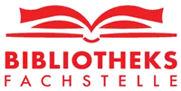 Das Logo für Bibliotheks Fachstelle, auf schwarzem Hintergrund dargestellt, zeigt ein stilisiertes offenes Buch mit einem roten Band und dem Text 'BIBLIOTHEKS FACHSTELLE' in fetter roter Schrift.