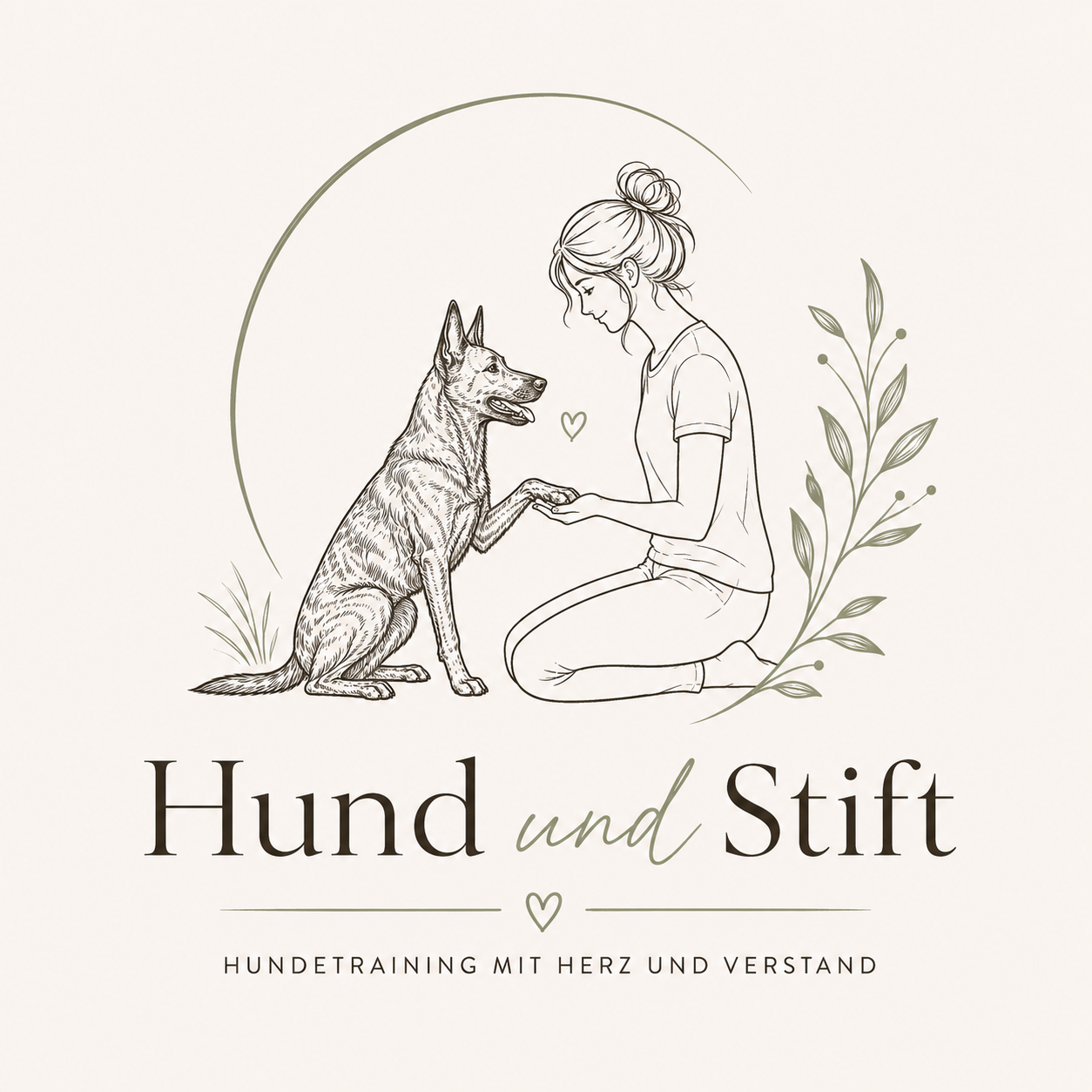 Ein Logo für 'Hund und Stift' Hundetraining, das eine kniende Frau mit einem Deutschen Schäferhund zeigt, umgeben von Blättern und einem Herz. Der Text lautet 'HUNDETRAINING MIT HERZ UND VERSTAND'.