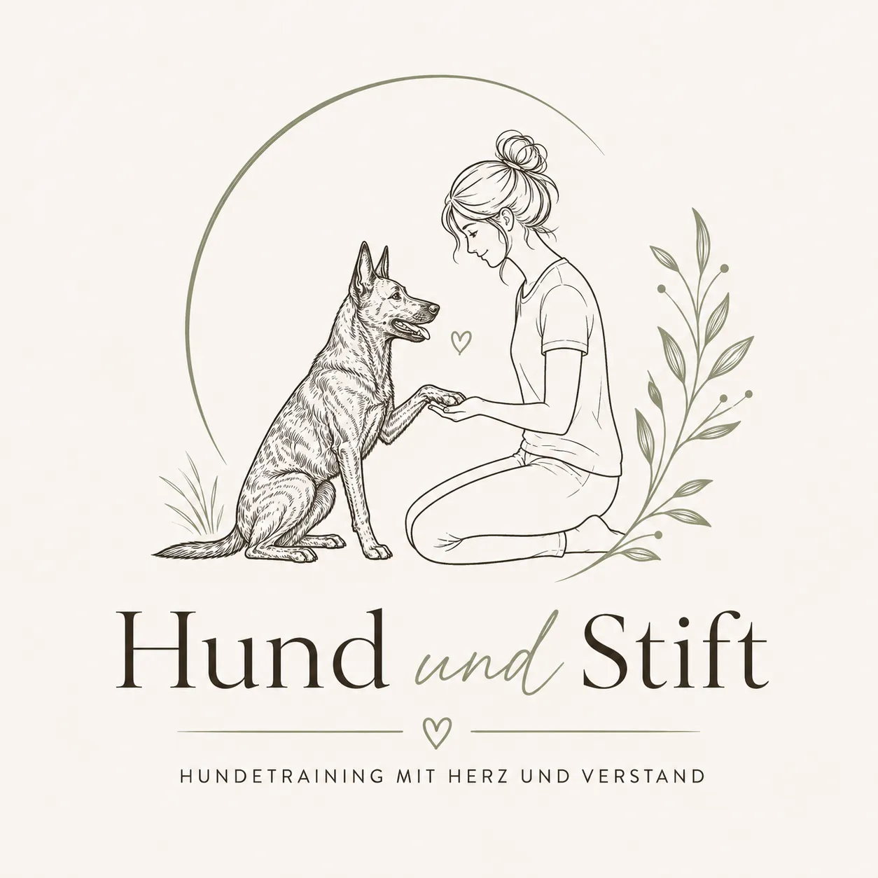 Ein Logo für 'Hund und Stift' Hundetraining, das eine kniende Frau mit einem Deutschen Schäferhund zeigt, umgeben von Blättern und einem Herz. Der Text lautet 'HUNDETRAINING MIT HERZ UND VERSTAND'.