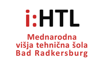 Das Bild zeigt ein Logo mit den Buchstaben 'i:HTL' in Rot und Schwarz. Darunter steht 'Mednarodna visja tehnica sol Bad Radkersbur' in Rot. Der Hintergrund ist weiß.