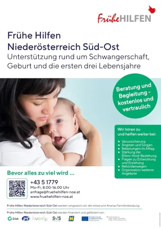 Ein Flyer bewirbt Unterstützungsdienste für Schwangerschaft, Geburt und die ersten drei Lebensjahre eines Kindes in Niederösterreich. Zeigt eine Mutter mit einem Baby und enthält Kontaktinformationen.