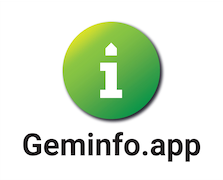Das Bild zeigt ein kreisförmiges Symbol mit einem weißen Buchstaben 'i' in der Mitte, umgeben von einem grünen Kreis. Darunter steht der Text 'Geminifo.app' in Schwarz.
