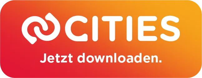 Das Bild zeigt ein Logo für Cities mit einem roten und orangefarbenen Gradientenhintergrund. Das Logo zeigt einen weißen stilisierten Buchstaben 'C'. Darunter steht der Text 'Jetzt downloaden', was im Englischen 'Jetzt herunterladen' bedeutet.