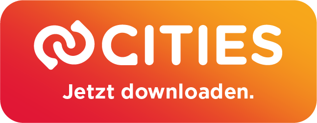 Das Bild zeigt ein Logo für Cities mit einem roten und orangefarbenen Gradientenhintergrund. Das Logo zeigt einen weißen stilisierten Buchstaben 'C'. Darunter steht der Text 'Jetzt downloaden', was im Englischen 'Jetzt herunterladen' bedeutet.