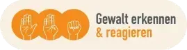Ein Logo mit drei erhobenen Händen in einem orangefarbenen Kreis. Unter den Händen steht der Text 'Gewalt erkennen & reagieren' in schwarzer Schrift. Der Hintergrund ist weiß.