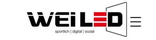 Das Logo für Weil LED zeigt ein kühnes, modernes Design mit dem Wort Weil in Schwarz und LED in Rot mit schwarzem Umriss. Darunter stehen die Wörter sportlich, digital und sozial.