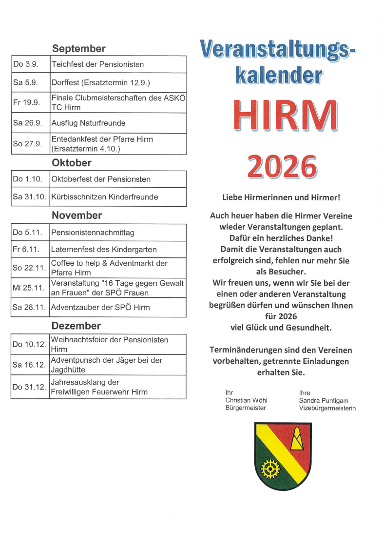 Das Bild zeigt einen Kalender für die Freiwillige Feuerwehr Hirm. Aufgeführte Veranstaltungen sind der Dorfest, Clubmeisterschaften, ein Treffen der Naturfreunde und eine Gedenkfeier für ehemalige Mitglieder. Die Daten reichen von September 2026 bis Dezember 2026.