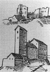 Eine Schwarz-Weiß-Zeichnung zeigt ein mittelalterliches Dorf mit Häusern und einem hohen Turm in der Mitte. Im Hintergrund befinden sich zwei Burgen auf einem Hügel, und die Szene spielt in einer ländlichen Landschaft.