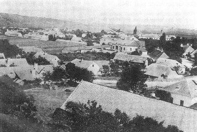 Eine Schwarz-Weiß-Aufnahme der Vogelperspektive einer kleinen Stadt mit vielen Häusern und Bäumen. Die Stadt liegt in einem Tal mit Bergen in der Ferne.
