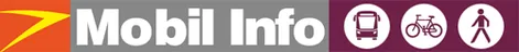 Ein Logo für Mobil Info mit einem gelben Blitz, grauem Text und drei Symbolen: ein Bus, ein Fahrrad und eine gehende Person.