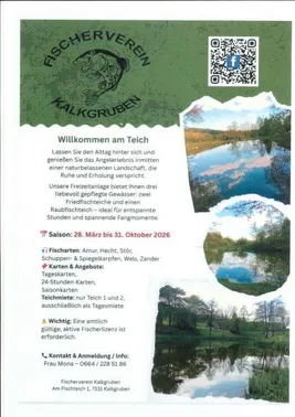 Ein Plakat für den Fischerverein Kalkgruben, mit einem Fischlogo, einer malerischen Seeansicht und Informationen über Fischersaisons, Fischarten und Kontaktdaten.