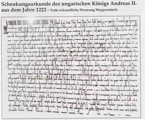 Urkunde des ungarischen Königs Andreas II. aus dem Jahr 1222. Erste urkundliche Erwähnung von Weppersdorf. Text in Latein und Altungarisch.