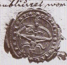 Ein altes, abgenutztes Siegel mit einem Wappen, das einen Bogen und Pfeil, ein Schwert und einige Text enthält. Das Bild ist gealtert und verblasst, mit einer rauen, beschädigten Textur.