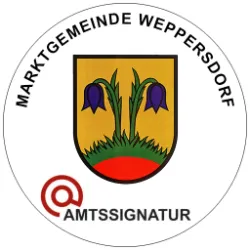 Das Bild zeigt das Logo der Gemeinde Wepersdorf mit einem Wappen, zwei lila Blumen, einem roten Hintergrund und einem roten Kreis mit der Aufschrift 'Amtssignature'.
