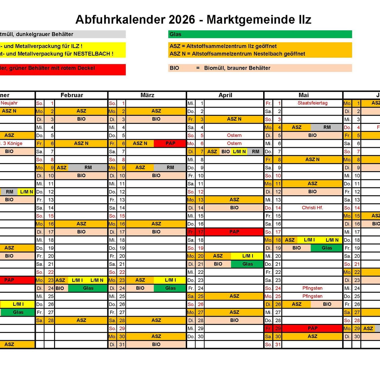 Abfuhrkalender 2026 für die Gemeinde Illz. Der Kalender enthält Termine für die Sammlung von grünen, dunkelgrauen Behältern, Metallverpackungen und Bioabfällen. Verschiedene Sammelstellen und Standorte sind für jede Abfallart angegeben.