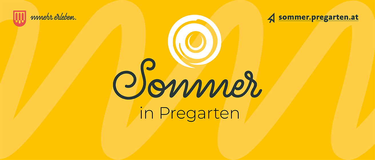 Ein gelber Hintergrund mit einem Spirallogo und dem Text Sommer in Pregarten in schwarzer Schrift. Das Logo hat eine weiße Spirale mit einem gelben Zentrum. Der Text ist in einer kursiven Stil geschrieben. Das Bild hat einen unscharfen Effekt.