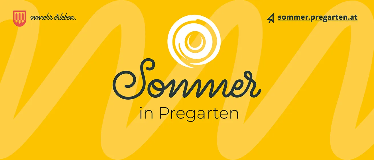 Ein gelber Hintergrund mit einem Spirallogo und dem Text Sommer in Pregarten in schwarzer Schrift. Das Logo hat eine weiße Spirale mit einem gelben Zentrum. Der Text ist in einer kursiven Stil geschrieben. Das Bild hat einen unscharfen Effekt.