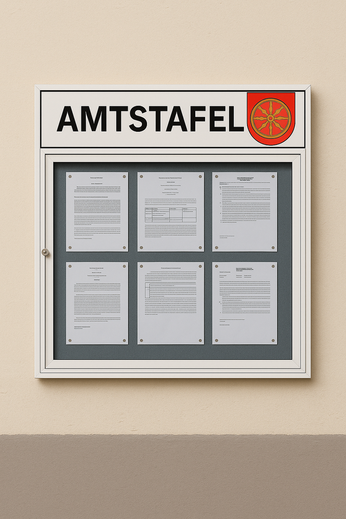  Abschnitt Bild: Ein Bulletinbrett mit sechs Dokumenten mit dem Titel 'Amtstafel' und einem Logo. Die Dokumente sind auf einer grauen Oberfläche mit weißem Rand angebracht. Die Wand ist beige.