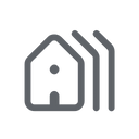 Schwarzes Haus-Symbol mit roten und blauen Linien, die ein dreieckiges Muster auf schwarzem Hintergrund bilden.