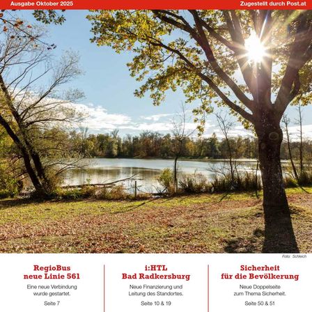 Ein Zeitschriftencover mit einem Landschaftsfoto eines Sees und Bäumen. Abschnitte umfassen 'RegioBus neue Linie 561', 'i:HTL Bad Radkersburg' und 'Sicherheit für die Bevölkerung'.
