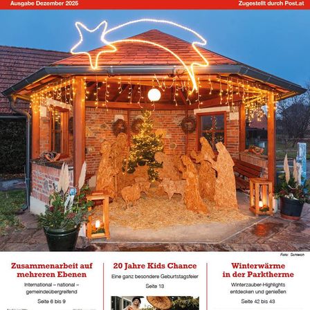 Ein Titelbild von Dezember 2026 zeigt ein Pavillon mit Krippe unter Lichterketten. Links steht 'Zusammenarbeit auf mehreren Ebenen'. In der Mitte steht '20 Jahre Kids Chance'. Rechts ist 'Winterwarme in der Parktherme' zu lesen.