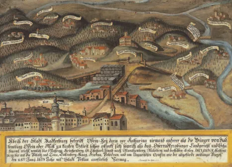 Eine alte Karte zeigt eine Stadt mit mehreren Gebäuden, einem Fluss und der umliegenden Landschaft. Die Stadt ist als 'Sachsenhausen' beschriftet. Verschiedene Gebäude sind mit Namen markiert. Eine Brücke überquert den Fluss.