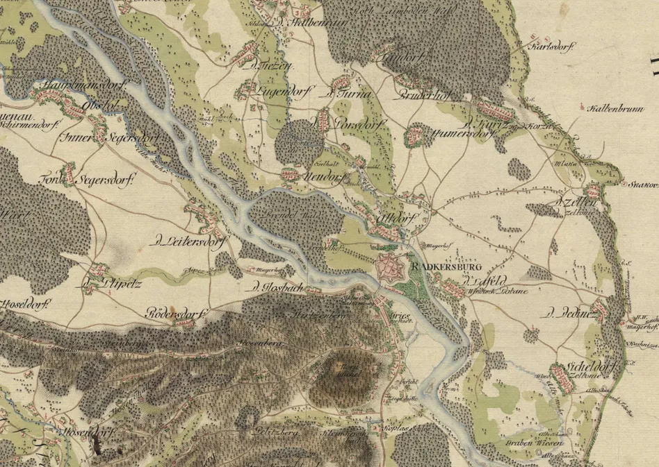 Eine antike Karte mit Dörfern, einem Fluss und umgebenden Wäldern. Bemerkenswerte Orte sind Radkersbuerg, eine Stadt, durch die ein Fluss fließt.