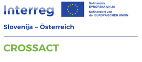 Das Interreg Slowenien-Österreich-Logo zeigt die Flagge der Europäischen Union mit zwölf Sternen und den Text 'Sofinancira Evropska Unija' und 'Kofianziert von der EUROPAISCHEN UNION'. Darunter steht 'Slowenija - Österreich' und 'CROSSACT'.