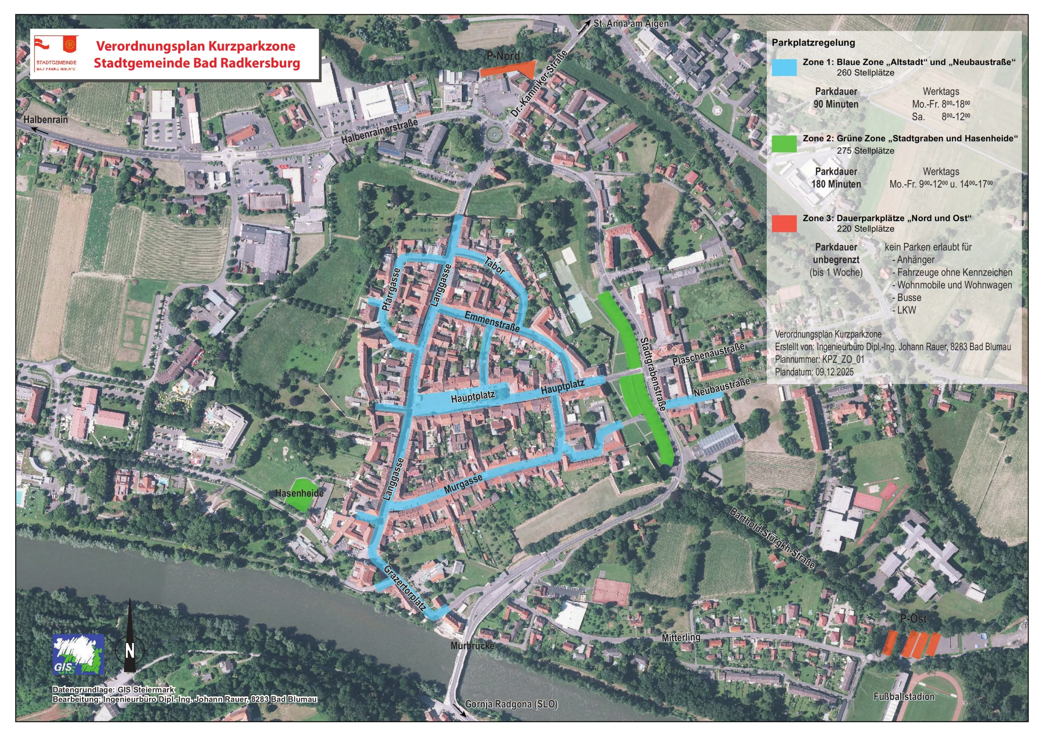 Eine Karte zeigt eine Stadt mit verschiedenen Parkzonen. Die blaue Zone erlaubt 260 Parkminuten, die grüne Zone 275 Minuten und die rote Zone ist auf 180 Minuten begrenzt. Die Karte enthält auch eine Sonderzone mit einer Dauer von bis zu einer Woche.