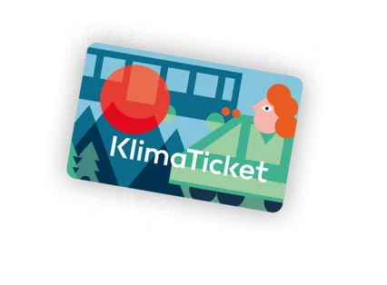 Das Bild zeigt ein Smartphone mit dem Bildschirm, auf dem ein KlimaTicket für alle zu sehen ist. Das Ticket hat einen Bus und eine Frau mit roten Haaren im Hintergrund.