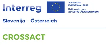 Ein blaues Interreg-Logo mit der Flagge der Europäischen Union. Darunter stehen die Texte Slowenien - Österreich und CROSSACT in Grün geschrieben.